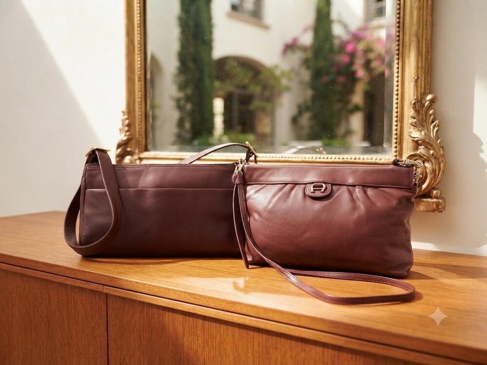 Bundle of 2 small Etienne Aigner burgundy leather shoulder bag purses handbags